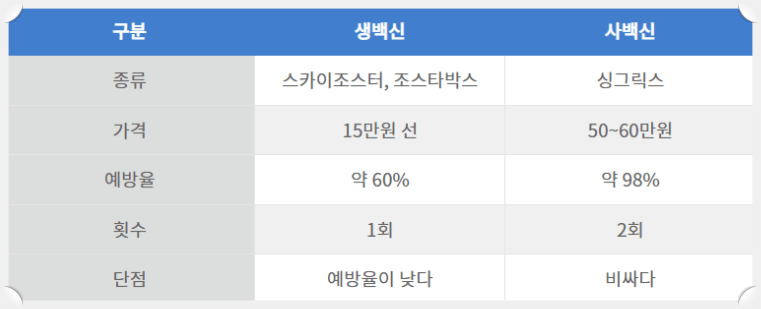 대상포진 예방 접종 종류 및 가격