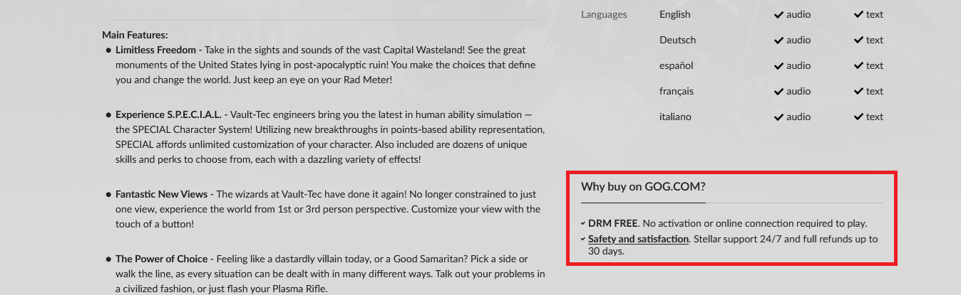 GOG 폴아웃 3 DRM-free 문구