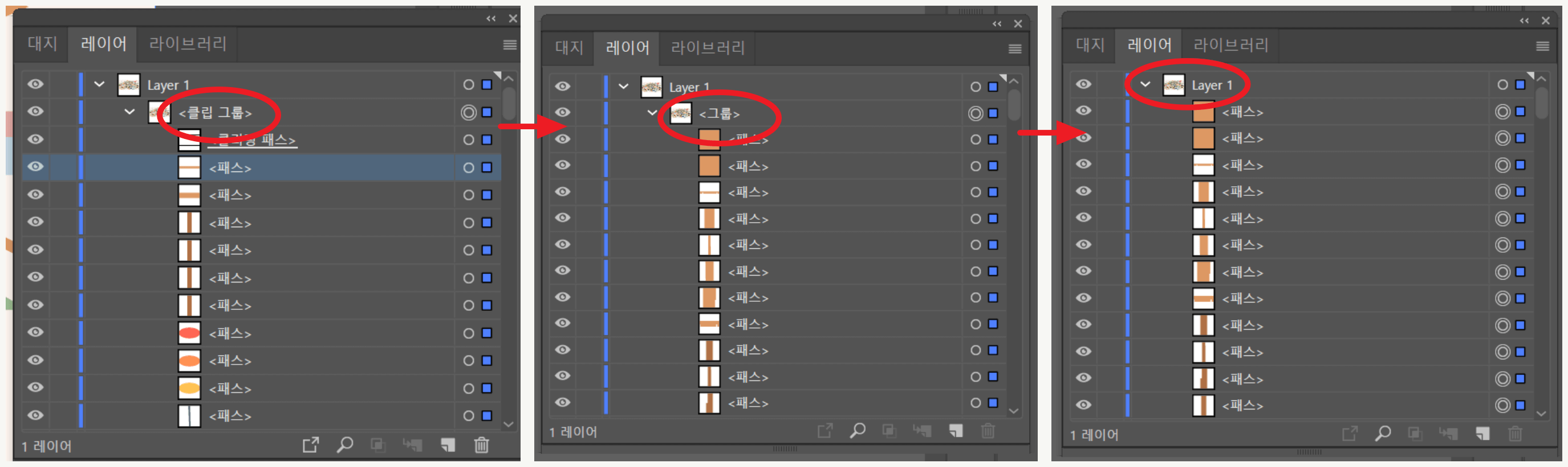 <클립 그룹(컴파운드패스)> -> <그룹> -> <그룹 해제>