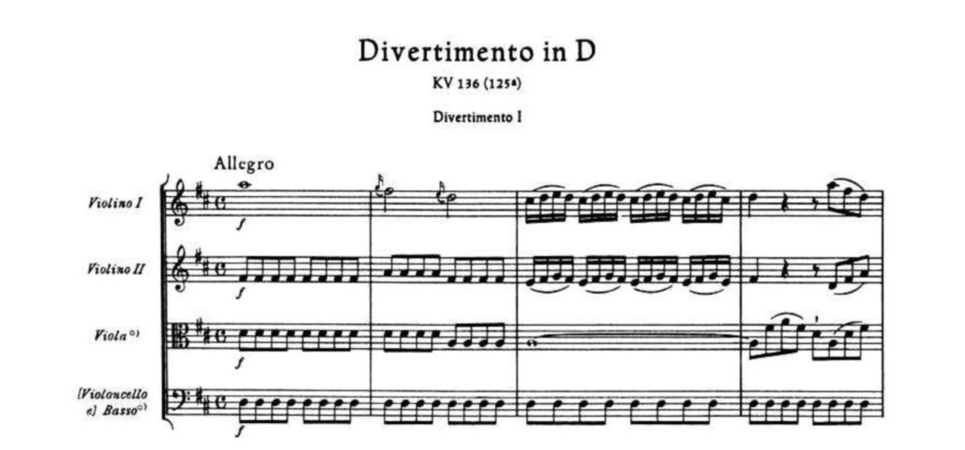 모차르트의 디베르티멘토 K. 136의 악보를 볼 수 있는 이미지입니다.