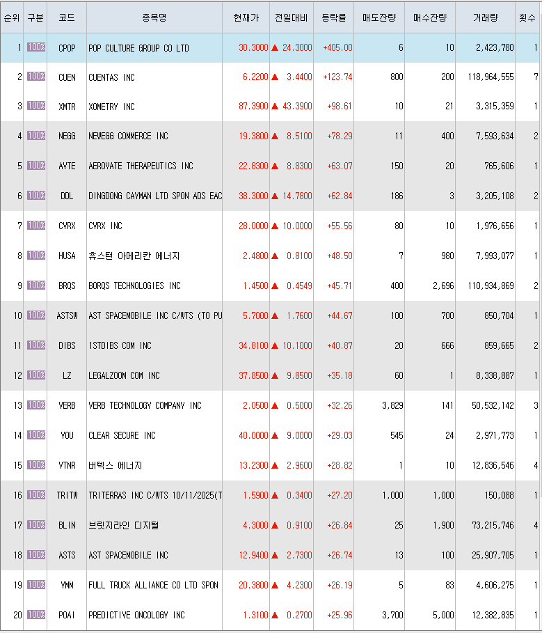  6월30일 미국주식 상승률 상위 종목 TOP 300