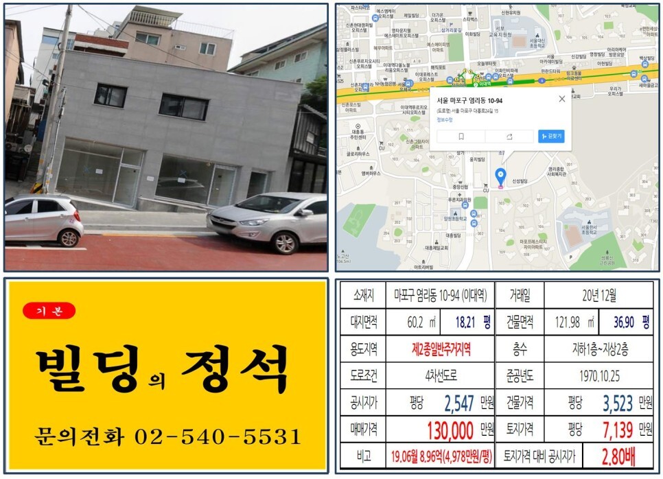  [마포구 아현2구역 10억 꼬마빌딩 실거래가 조회] 염리동 10-94 (이대역) 13억 원, 평당 7,139만 원 매매되었습니다.