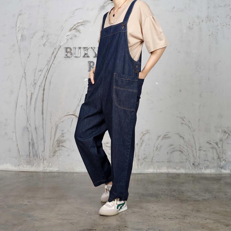 노바디진 옆단추 포켓 진청 멜빵바지 610