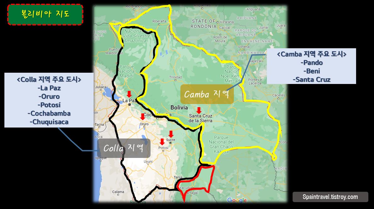 볼리비아 지역 지도&#44; Camba 지역과 Colla 지역