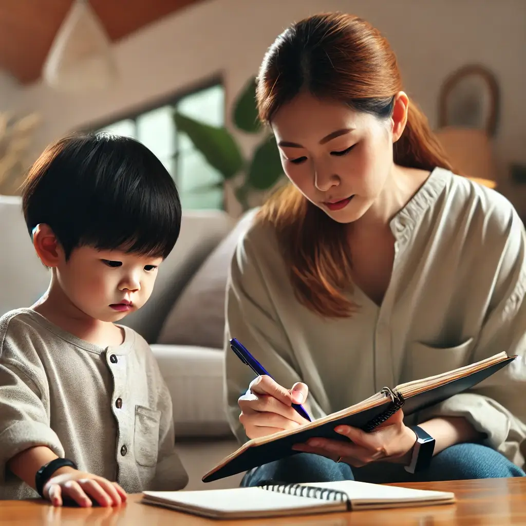 틱 증상을 기록하는 한국인 부모와 아이의 모습. 아이는 눈 깜빡임이나 어깨 들썩임과 같은 경미한 운동 틱을 보이며, 부모는 주의 깊게 노트에 증상을 기록하고 있습니다. 따뜻하고 밝은 거실 환경에서 증상 관찰과 기록에 집중하는 장면.