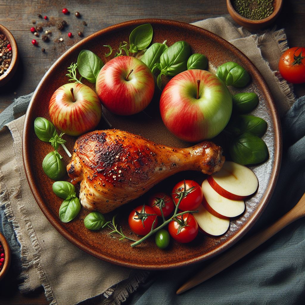접시 안에 사과와 닭다리가 들어있는 모습