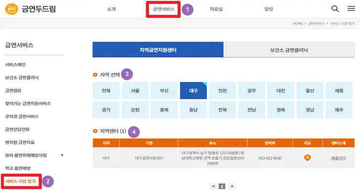 금연-두드림-홈페이지-국가-금연-지원센터-위치-조회-화면