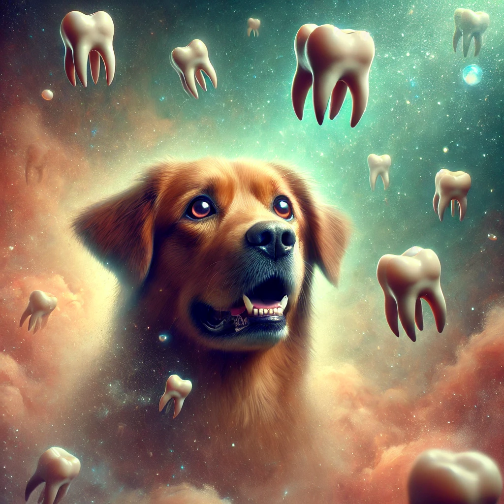 갈색 강아지가 이빨이 빠지는 꿈을 꾸고 있는 장면. 강아지가 약간 걱정스러운 표정을 짓고 있으며, 공중에 이빨이 떠다니고 있다. 몽환적이고 신비로운 분위기의 장면