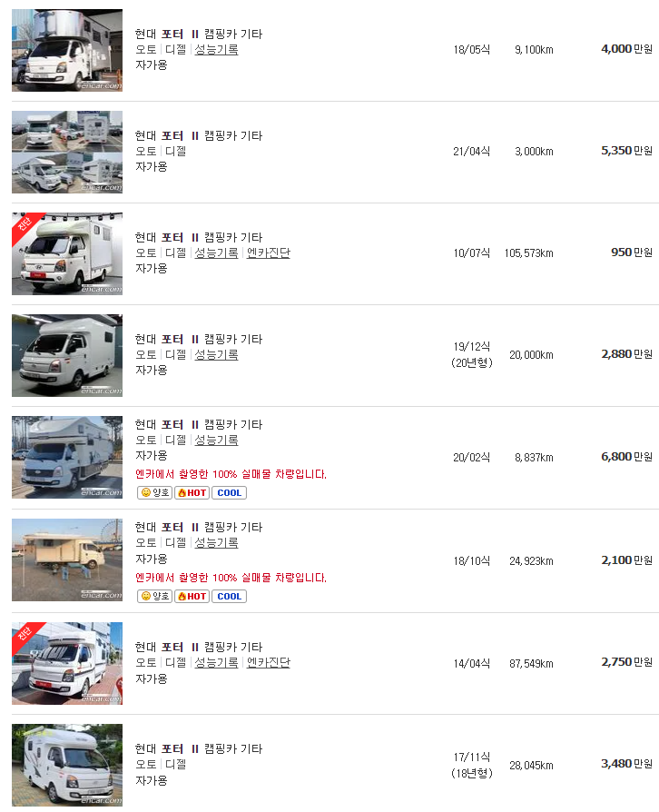 포터2 캠핑카 중고차 가격