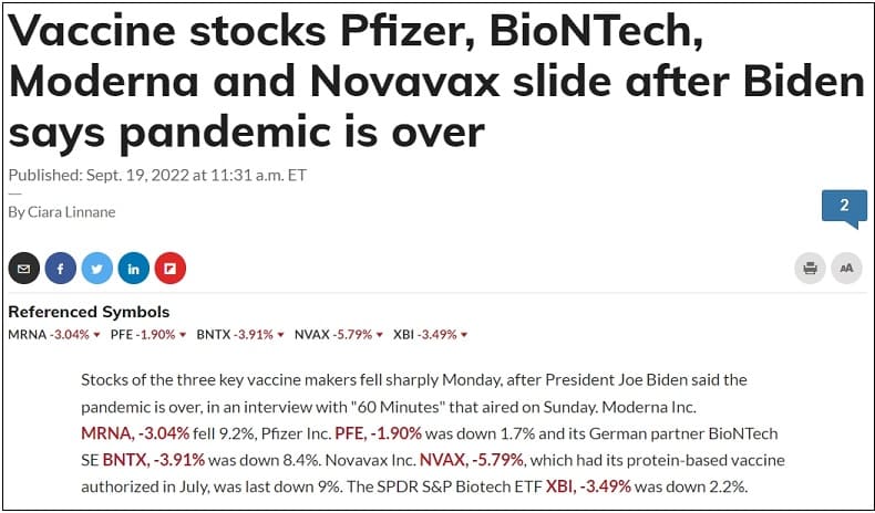 바이든 깜짝 발언에 코로나 백신 제약사들 일제히 주가 하락 Vaccine stocks Pfizer&#44; BioNTech&#44; Moderna and Novavax slide after Biden says pandemic is over
