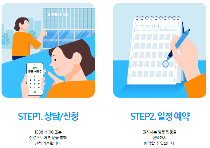 삼성에어컨 청소 예약 및 비용과 관련하여 전문 상담원과의 상담을 통하여 청소 예약 진행하는 과정을 설명한 그림