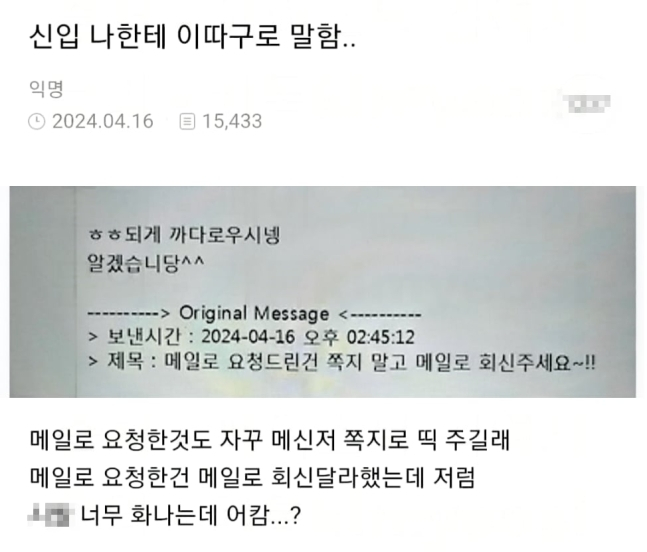 신입 나한테 이따구로 말함