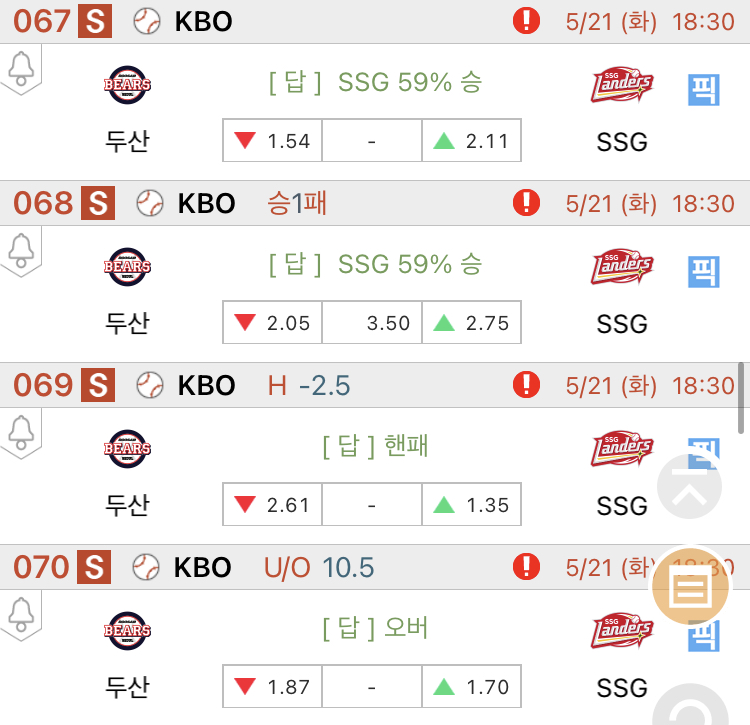 [진짜총판] 5월21일 두산 VS SSG 야구분석