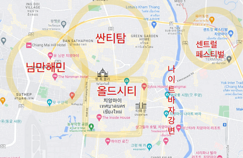 치앙마이 시내 주요 지역 표시 지도