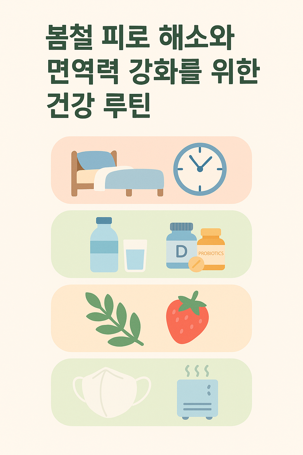 봄철 면역력 관리 정보를 시각적으로 표현한 파스텔톤 인포그래픽, 건강 보조제와 식단 요소가 조화롭게 배치된 이미지
