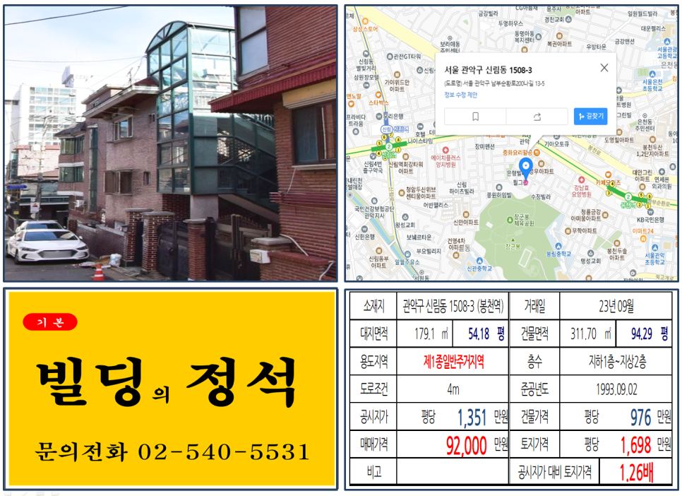 관악구 신림동 1508-3번지 건물이 2023년 09월 매매 되었습니다.