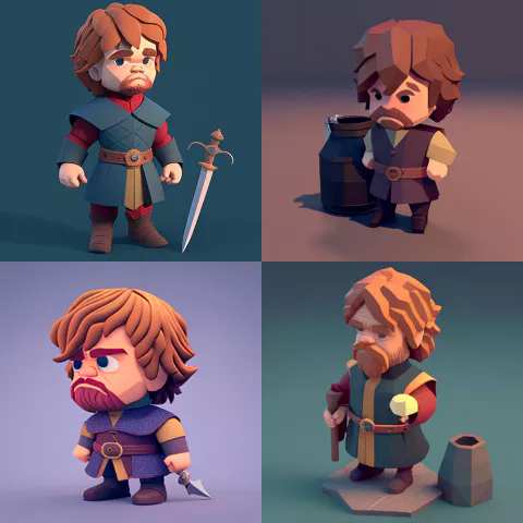 실행 1: Tyrion Lannister&amp;#44; isometric&amp;#44; full body&amp;#44; blender 3d&amp;#44; style of artstation and behance&amp;#44; Disney Pixar&amp;#44; cute --v 4 --seed 1