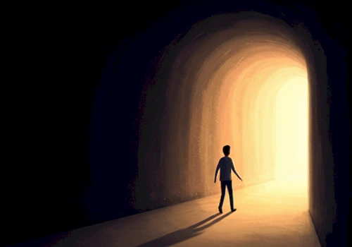 밝고 희망적인 감성 일러스트 스타일로 그린, 어둠에서 벗어나 빛을 향해 첫걸음을 내딛는 사람의 모습 일러스트레이션