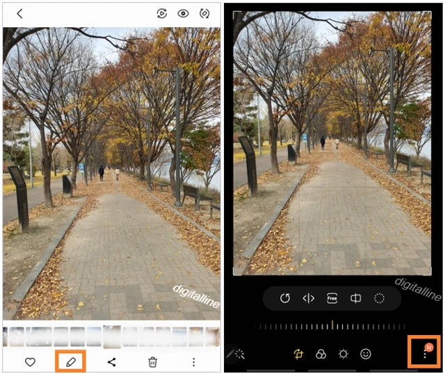 하단에서 편집을 선택하여 포토 에디터 모드로 이동 - 오른쪽 하단에서 더보기를 탭합니다.