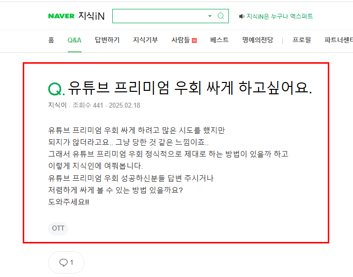 유튜브 우회 질문 지식인