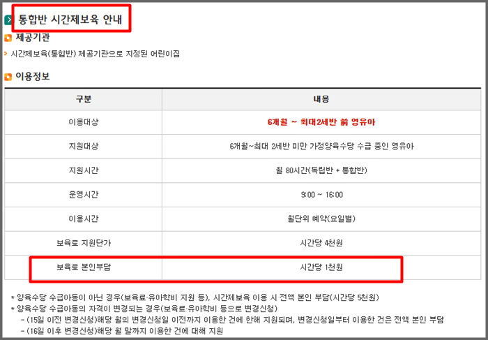 통합반 시간제보육 안내표