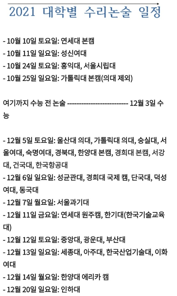  2021 논술 전형 일정(문과 인문논술/이과 수리논술 전부 포함)