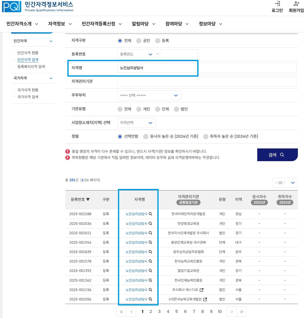 민간자격정보서비스 노인심리상담사 자격명 조회 화면