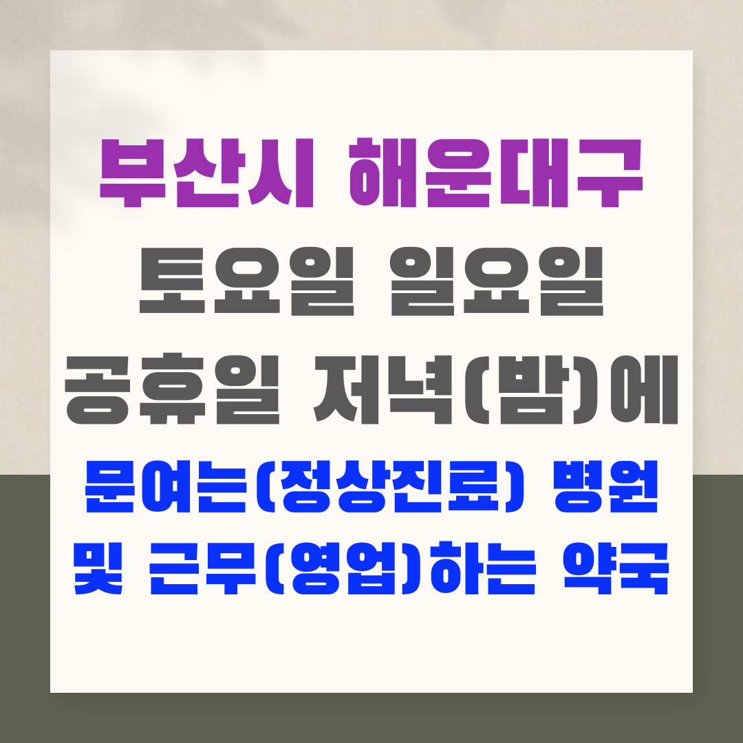 부산시 해운대구 토요일 일요일 공휴일 저녁(밤)에 문여는(정상진료) 병원 및 근무(영업)하는 약국