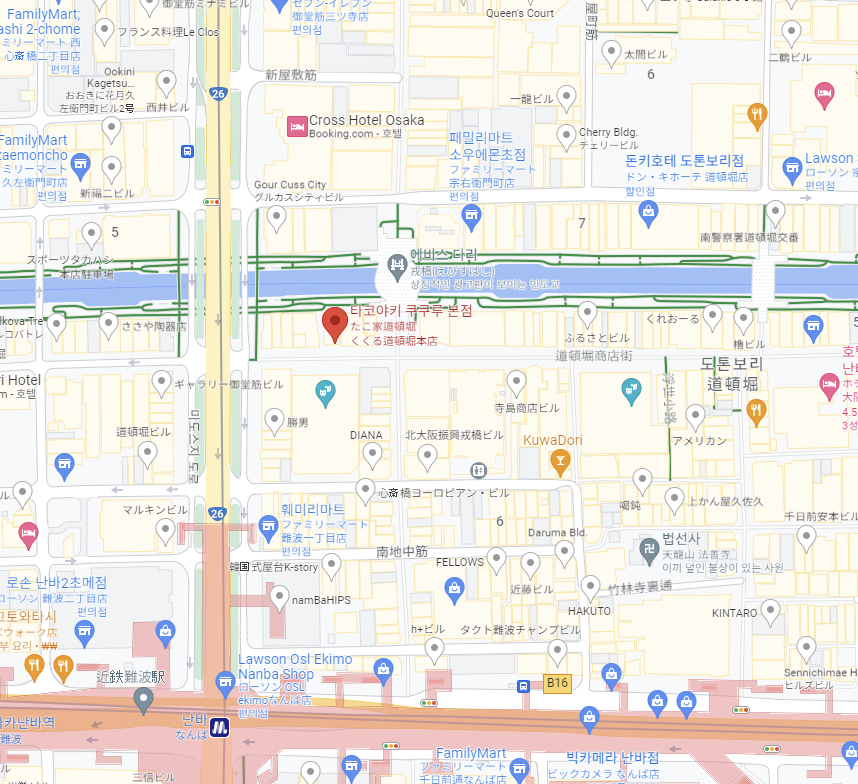 오사카 쿠쿠루 본점에 가는 법을 설명한 지도. 난바역에서 나와 쭉 직진하면 볼 수 있다.