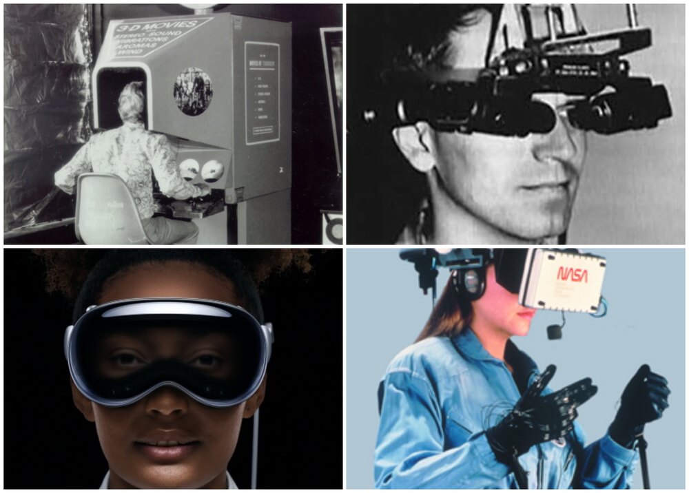 (맨 왼쪽 좌측부터 시계방향) 1957년 모턴 하일리그가 만든 1인용 입체 영화관 센소라마&#44; 1968년 아이번 서덜랜드 하버드대 교수가 처음 창안한 가상현실 헤드셋&#44; 1980년대 재런 러니어가 창업한 아이폰(eyephone)이 내놓은 VR 헤드셋 및 컨트롤러&#44; 2023년 애플이 내놓은 &#39;공간 컴퓨터&#39; 헤드셋 비전프로.