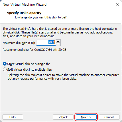 가상 머신의 디스크(Disk) 용량 설정 (Specify Disk Capacity)