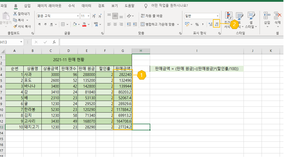 모든 셀의 판매금액이 적용된 사진