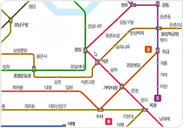 서울 지하철 잠실역의 노선도