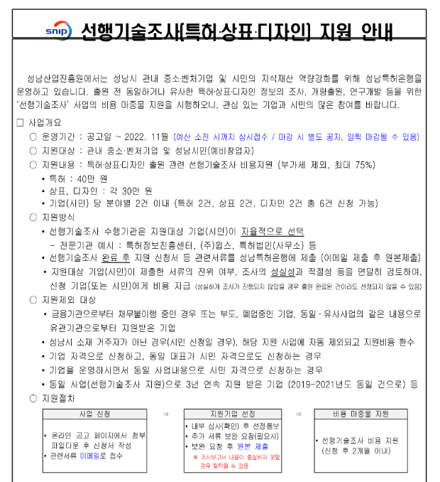  [경기] 성남시 2022년 선행기술조사(특허ㆍ상표ㆍ디자인) 지원사업 모집 공고