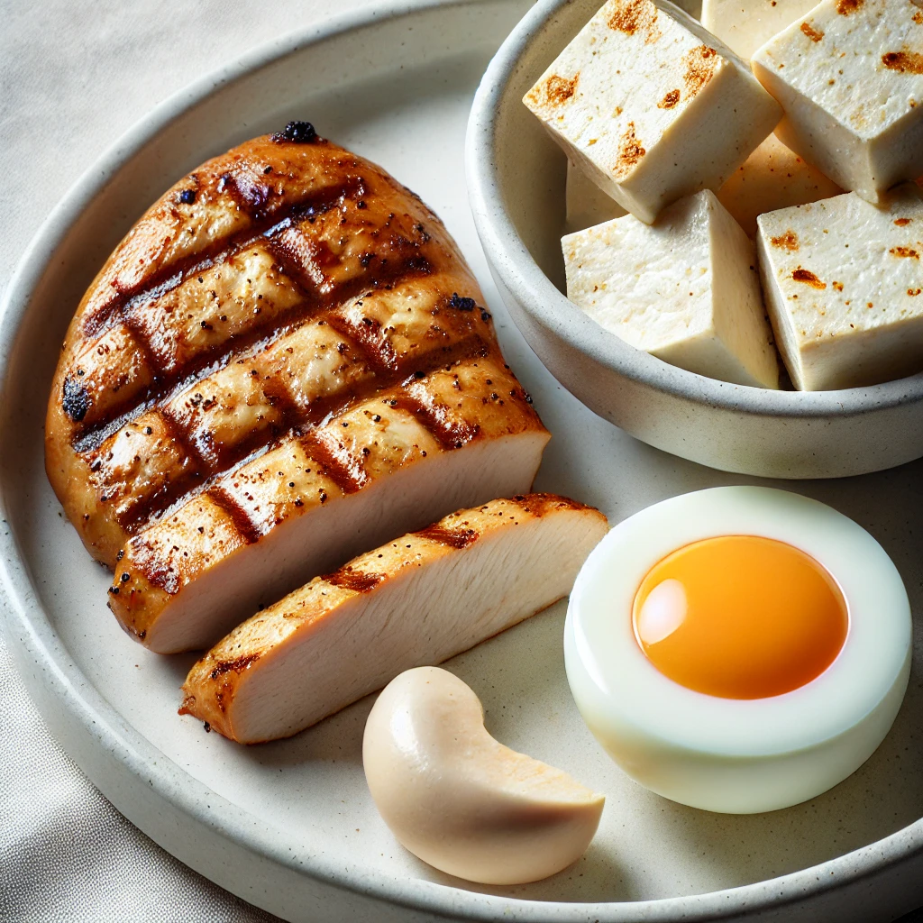 그릴드 치킨, 두부 한 조각, 삶은 달걀이 흰색 접시에 깔끔하게 배열