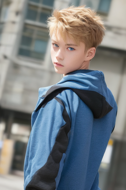  [Boy-103] Free Ai images of blond and blue eyes youth boy against a city background