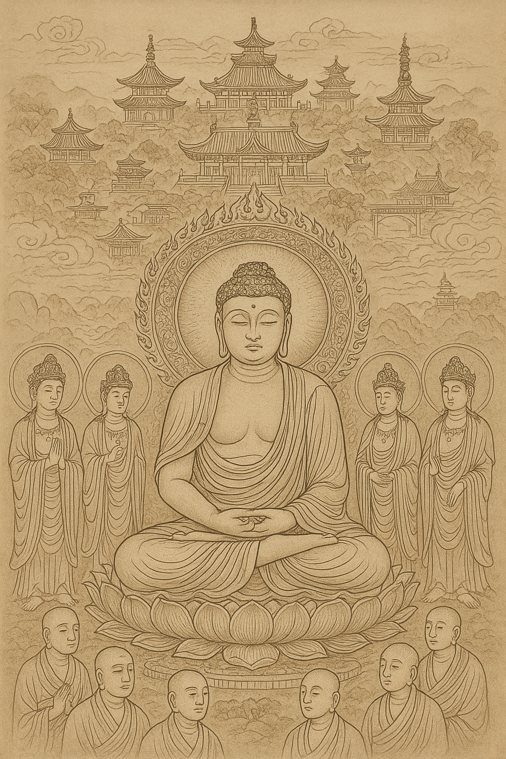 비로자나불이 연꽃 위에 앉아 명상하는 장면, 주변에는 여러 보살과 승려들이 둘러싸 있고, 배경에는 동양식 사찰 건축물이 층층이 배치되어 있음