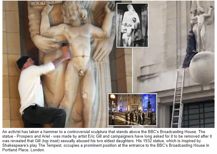 소아성애자 조각가의 치욕 VIDEO: Man scales BBC Broadcasting House and spends four hours destroying sculpture by paedophile artist Eric Gill