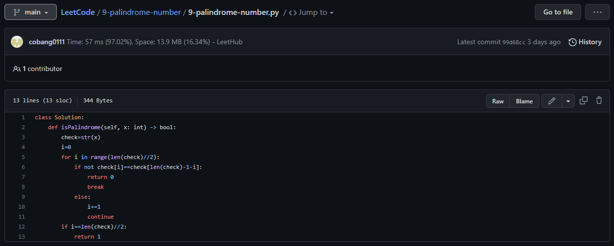  [LeetCode] 9.Palindrome Number (Easy/Python3)