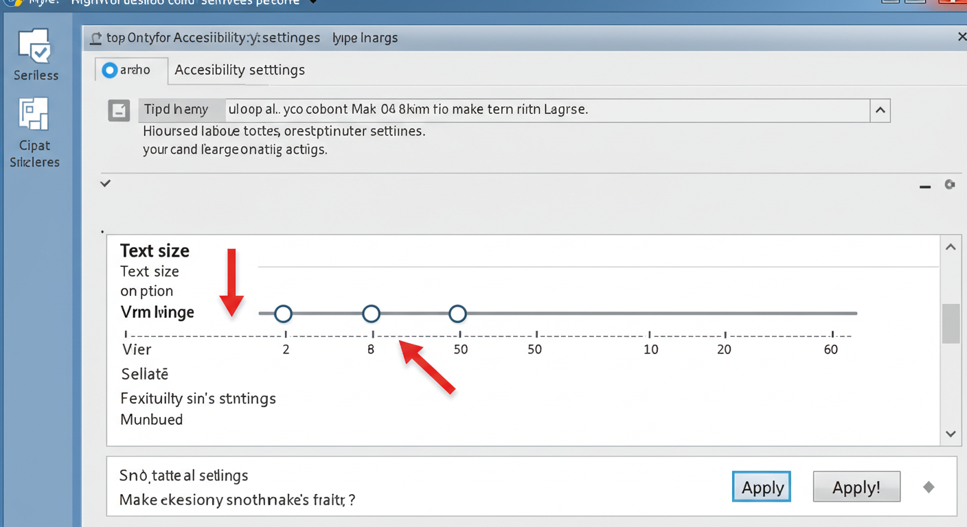 (Image Prompt: Screenshot showing the Windows Accessibility settings, highlighting the 'Text size' slider being adjusted to make text larger. An arrow points to the 'Apply' button. Style: Clear, easy-to-understand screenshot.)