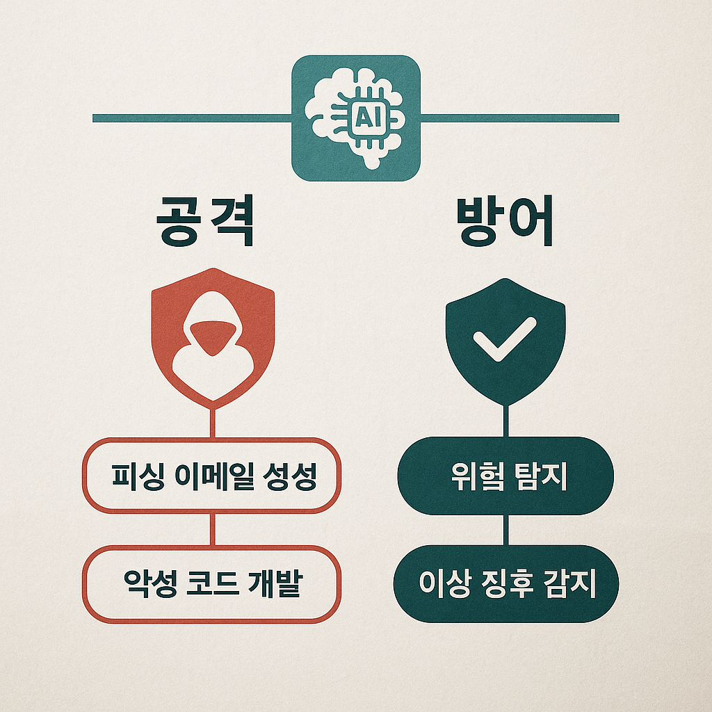 AI를 활용한 공격과 방어 사례 비교 다이어그램