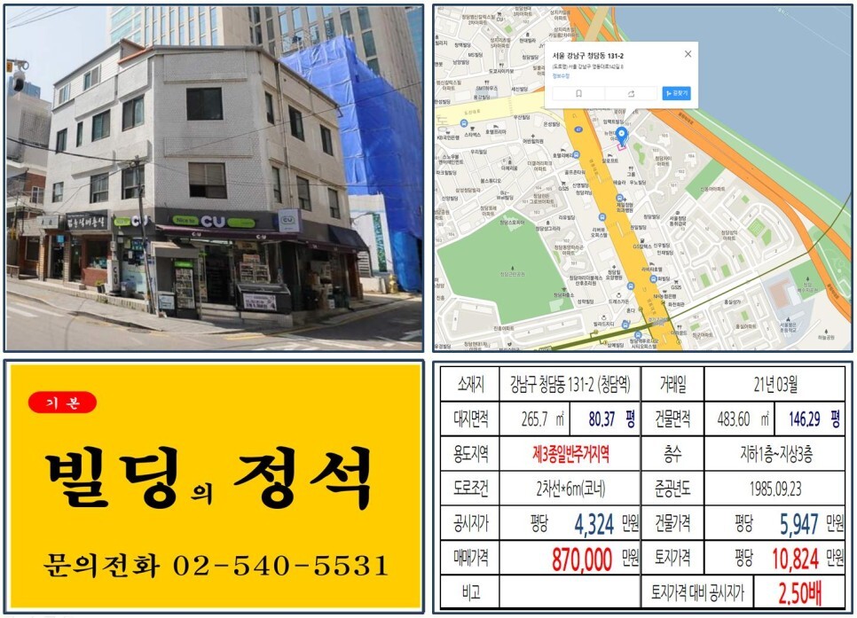  [강남구 청담자이 80억 올근생 꼬마빌딩 실거래가 조회] 청담동 131-2 (청담역) 87억 원, 평당 1억 824만 원 매매되었습니다. 청담삼