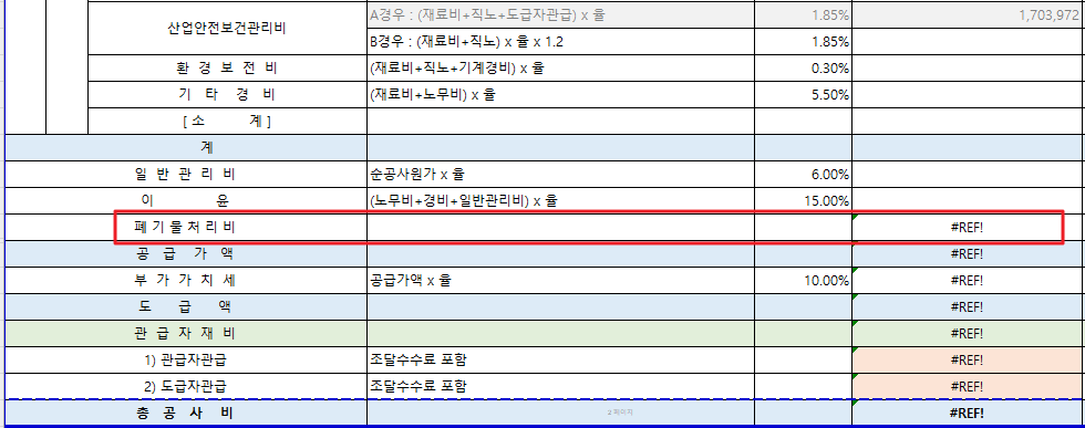 폐기물 처리 원가계산서