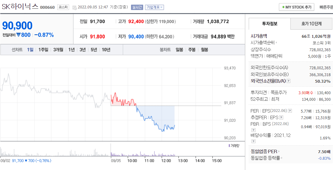  (000660)SK하이닉스 주가전망 주식 시세 하락은 어디까지?