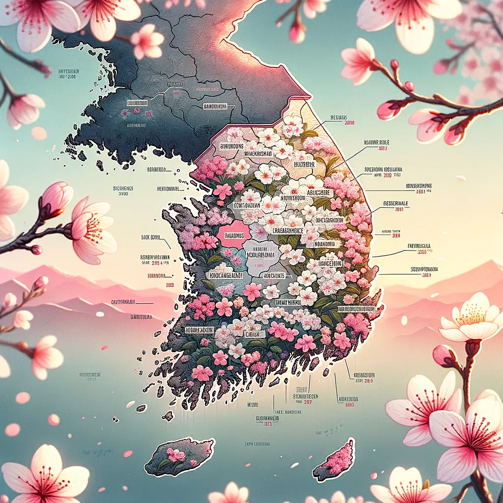 대한민국 지도위에 벛꽃 개화 시기를 넣고 주변을 화사한 벚꽃으로 넣은 사진