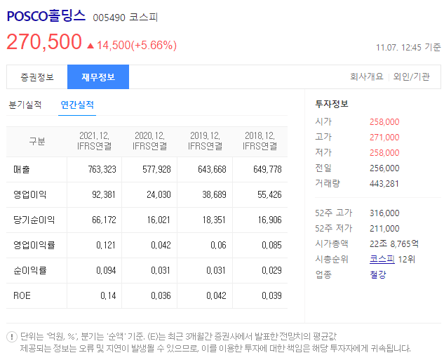 POSCO홀딩스 재무정보 (출처 : 다음)