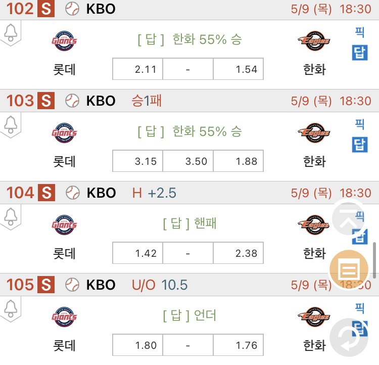 [진짜총판] 5월9일 롯데 VS 한화 국내야구분석
