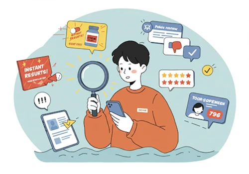 돋보기를 들고 광고와 후기 속에서 다이어트 보조제에 대한 객관적인 정보를 찾는 사람을 그린 친근한 카툰 일러스트.