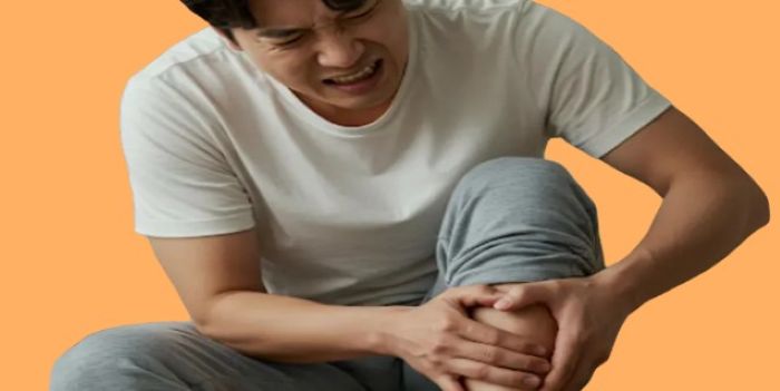 쥐가 나서 종아리를 움켜쥐고 고통스러워하는 젊은 남성의 모습&amp;#44; 하지근육경련 증상을 표현한 장면.