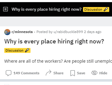  레딧에 올라온 미국 고용 상황, Why is every place hiring right now?